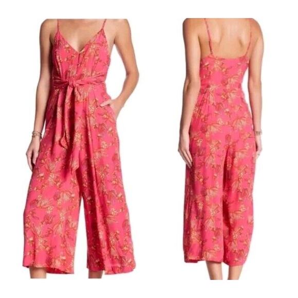 Free People Women's Hot Tropics Pink Floral Cropped Wide Leg Jumpsuit Size 2 - Picture 11 of 12